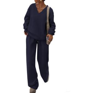 imagePRETTYGARDEN Casual Winter Two Piece Sets for Women 2026 V Neck Sweatshirt Loose Wide Leg Pants Tracksuit Knit Fall OutfitsNavy Blue