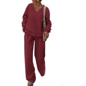 imagePRETTYGARDEN Casual Winter Two Piece Sets for Women 2026 V Neck Sweatshirt Loose Wide Leg Pants Tracksuit Knit Fall OutfitsWine Red