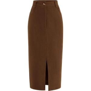 imagePRETTYGARDEN Corduroy Skirt Women Fall Fashion 2026 High Waisted Pencil Midi Skirts Business Casual Work Office Winter OutfitBrown