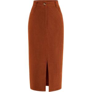 imagePRETTYGARDEN Corduroy Skirt Women Fall Fashion 2026 High Waisted Pencil Midi Skirts Business Casual Work Office Winter OutfitCaramel