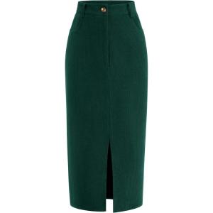 imagePRETTYGARDEN Corduroy Skirt Women Fall Fashion 2026 High Waisted Pencil Midi Skirts Business Casual Work Office Winter OutfitDark Green