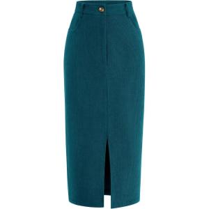 imagePRETTYGARDEN Corduroy Skirt Women Fall Fashion 2026 High Waisted Pencil Midi Skirts Business Casual Work Office Winter OutfitLake Blue