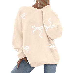 imagePRETTYGARDEN Fall Long Sleeve Pullover Sweaters for Women 2026 Trendy Crewneck Casual Cute Bow Chunky Knit Oversized SweaterApricot