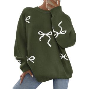 imagePRETTYGARDEN Fall Long Sleeve Pullover Sweaters for Women 2026 Trendy Crewneck Casual Cute Bow Chunky Knit Oversized SweaterArmy Green