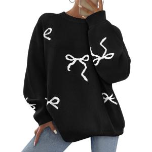 imagePRETTYGARDEN Fall Long Sleeve Pullover Sweaters for Women 2026 Trendy Crewneck Casual Cute Bow Chunky Knit Oversized SweaterBlack