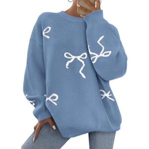 imagePRETTYGARDEN Fall Long Sleeve Pullover Sweaters for Women 2026 Trendy Crewneck Casual Cute Bow Chunky Knit Oversized SweaterBlue Grey