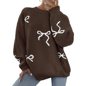imagePRETTYGARDEN Fall Long Sleeve Pullover Sweaters for Women 2026 Trendy Crewneck Casual Cute Bow Chunky Knit Oversized SweaterBrown