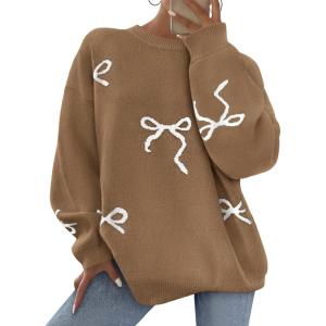 imagePRETTYGARDEN Fall Long Sleeve Pullover Sweaters for Women 2026 Trendy Crewneck Casual Cute Bow Chunky Knit Oversized SweaterCamel