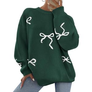 imagePRETTYGARDEN Fall Long Sleeve Pullover Sweaters for Women 2026 Trendy Crewneck Casual Cute Bow Chunky Knit Oversized SweaterDark Green