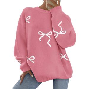 imagePRETTYGARDEN Fall Long Sleeve Pullover Sweaters for Women 2026 Trendy Crewneck Casual Cute Bow Chunky Knit Oversized SweaterDusty Pink