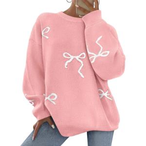imagePRETTYGARDEN Fall Long Sleeve Pullover Sweaters for Women 2026 Trendy Crewneck Casual Cute Bow Chunky Knit Oversized SweaterLight Pink