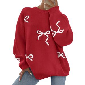 imagePRETTYGARDEN Fall Long Sleeve Pullover Sweaters for Women 2026 Trendy Crewneck Casual Cute Bow Chunky Knit Oversized SweaterRed