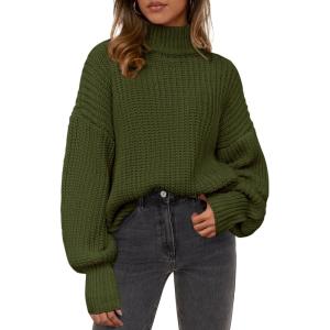 imagePRETTYGARDEN Fall Oversized Sweaters for Women Chunky Knit Long Sleeve Turtle Neck Pullover Jumper Tops Cozy Winter ClothingArmy Green