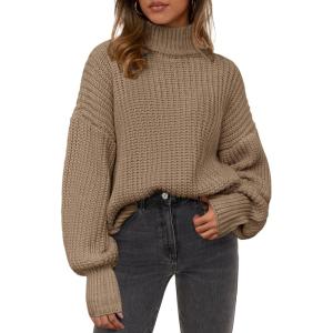imagePRETTYGARDEN Fall Oversized Sweaters for Women Chunky Knit Long Sleeve Turtle Neck Pullover Jumper Tops Cozy Winter ClothingLight Khaki