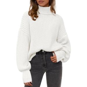 imagePRETTYGARDEN Fall Oversized Sweaters for Women Chunky Knit Long Sleeve Turtle Neck Pullover Jumper Tops Cozy Winter ClothingWhite