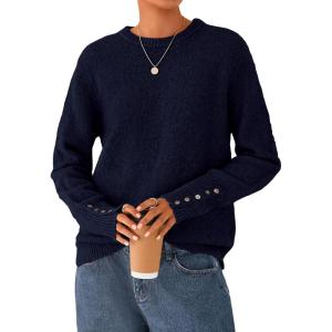 imagePRETTYGARDEN Fall Sweaters for Women 2026 Cozy Casual Crewneck Pullover Button Long Sleeve Knit Tops Winter Fashion ClothingNavy Blue
