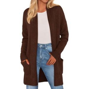 imagePRETTYGARDEN Long Cardigan Sweaters for Women Winter Clothing 2026 Fall Knitted Open Front Cozy Sweater with PocketsBrown