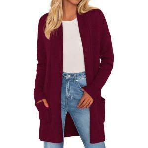 imagePRETTYGARDEN Long Cardigan Sweaters for Women Winter Clothing 2026 Fall Knitted Open Front Cozy Sweater with PocketsWine Red