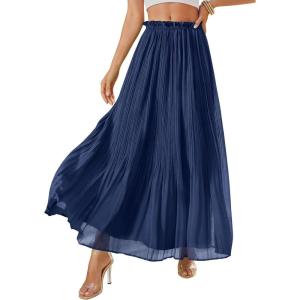 imagePRETTYGARDEN Long Skirts for Women Summer Vacation Outfits 2026 Spring Chiffon Elastic Waist Flowy ALine Pleated Midi SkirtDark Blue