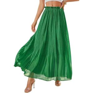 imagePRETTYGARDEN Long Skirts for Women Summer Vacation Outfits 2026 Spring Chiffon Elastic Waist Flowy ALine Pleated Midi SkirtGreen