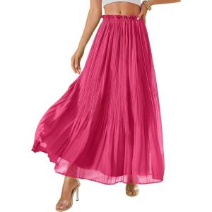 imagePRETTYGARDEN Long Skirts for Women Summer Vacation Outfits 2026 Spring Chiffon Elastic Waist Flowy ALine Pleated Midi SkirtRose Red