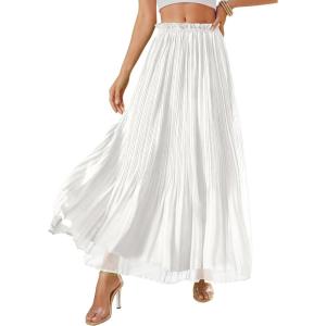 imagePRETTYGARDEN Long Skirts for Women Summer Vacation Outfits 2026 Spring Chiffon Elastic Waist Flowy ALine Pleated Midi SkirtWhite