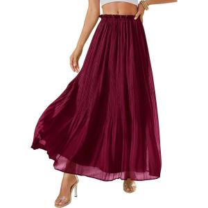 imagePRETTYGARDEN Long Skirts for Women Summer Vacation Outfits 2026 Spring Chiffon Elastic Waist Flowy ALine Pleated Midi SkirtWine Red