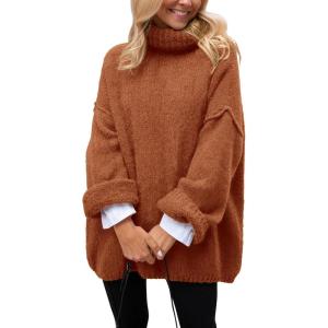 imagePRETTYGARDEN Oversized Sweaters for Women Chunky Turtleneck Sweater Fall Fashion Clothes Long Sleeve Tops Winter ClothingBrick Red