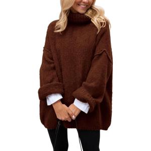 imagePRETTYGARDEN Oversized Sweaters for Women Chunky Turtleneck Sweater Fall Fashion Clothes Long Sleeve Tops Winter ClothingDark Coffee