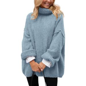 imagePRETTYGARDEN Oversized Sweaters for Women Chunky Turtleneck Sweater Fall Fashion Clothes Long Sleeve Tops Winter ClothingLight Blue