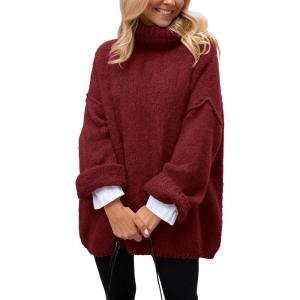 imagePRETTYGARDEN Oversized Sweaters for Women Chunky Turtleneck Sweater Fall Fashion Clothes Long Sleeve Tops Winter ClothingWine Red
