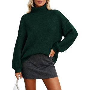 imagePRETTYGARDEN Oversized Sweaters for Women Fall Clothes 2026 Long Sleeve Mock Neck Tops Chunky Knit Pullover Winter ClothingDark Green