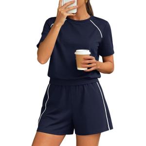 imagePRETTYGARDEN Shorts Sets Women 2 Piece Outfits Summer 2026 Matching Workout Athletic Clothing Casual Spring Travel LoungewearNavy Blue