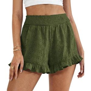 imagePRETTYGARDEN Shorts for Women Summer 2026 Beach Vacation Clothes Spring Elastic Waist Embroidered Ruffle Shorts with PocketsArmy Green
