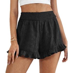 imagePRETTYGARDEN Shorts for Women Summer 2026 Beach Vacation Clothes Spring Elastic Waist Embroidered Ruffle Shorts with PocketsBlack
