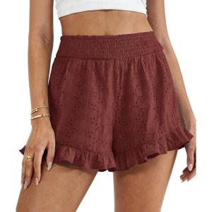 imagePRETTYGARDEN Shorts for Women Summer 2026 Beach Vacation Clothes Spring Elastic Waist Embroidered Ruffle Shorts with PocketsBrick Red
