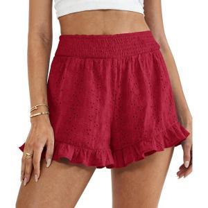 imagePRETTYGARDEN Shorts for Women Summer 2026 Beach Vacation Clothes Spring Elastic Waist Embroidered Ruffle Shorts with PocketsRed