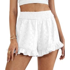 imagePRETTYGARDEN Shorts for Women Summer 2026 Beach Vacation Clothes Spring Elastic Waist Embroidered Ruffle Shorts with PocketsWhite