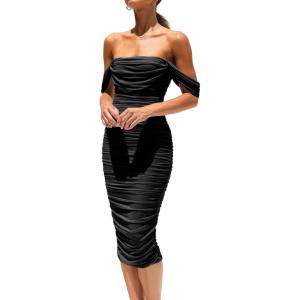 imagePRETTYGARDEN Summer Off The Shoulder Ruched Bodycon Dresses Sleeveless Sexy Party Club Midi DressBlack