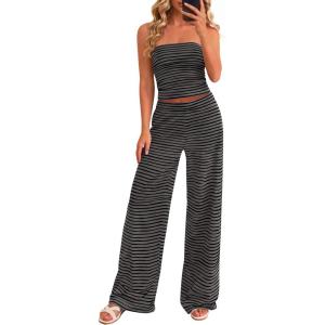 imagePRETTYGARDEN Two Piece Striped Sets for Women Summer Travel Outfits 2026 Spring Y2K Going Out Vacation Clothes LoungewearBlack Dark Grey