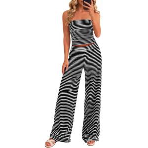 imagePRETTYGARDEN Two Piece Striped Sets for Women Summer Travel Outfits 2026 Spring Y2K Going Out Vacation Clothes LoungewearBlack White