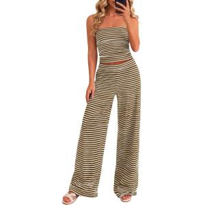 imagePRETTYGARDEN Two Piece Striped Sets for Women Summer Travel Outfits 2026 Spring Y2K Going Out Vacation Clothes LoungewearBrown White