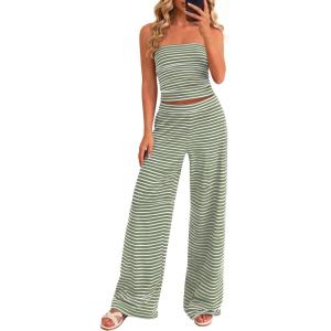 imagePRETTYGARDEN Two Piece Striped Sets for Women Summer Travel Outfits 2026 Spring Y2K Going Out Vacation Clothes LoungewearGreen White