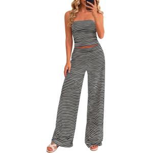 imagePRETTYGARDEN Two Piece Striped Sets for Women Summer Travel Outfits 2026 Spring Y2K Going Out Vacation Clothes LoungewearGrey Black