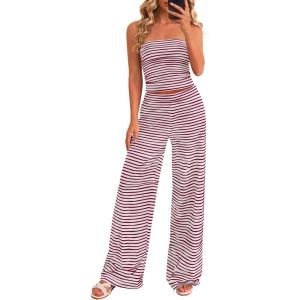 imagePRETTYGARDEN Two Piece Striped Sets for Women Summer Travel Outfits 2026 Spring Y2K Going Out Vacation Clothes LoungewearGrey Burgundy