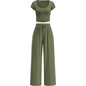 imagePRETTYGARDEN Womens 2 Piece Matching Lounge Sets Ribbed Short Sleeve Crop Tops Wide Leg Pants 2026 Summer Airport OutfitsArmy Green