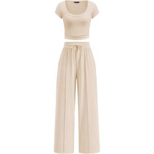 imagePRETTYGARDEN Womens 2 Piece Matching Lounge Sets Ribbed Short Sleeve Crop Tops Wide Leg Pants 2026 Summer Airport OutfitsBeige