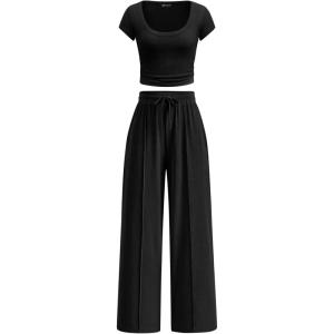 imagePRETTYGARDEN Womens 2 Piece Matching Lounge Sets Ribbed Short Sleeve Crop Tops Wide Leg Pants 2026 Summer Airport OutfitsBlack