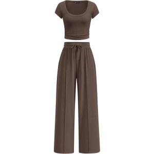 imagePRETTYGARDEN Womens 2 Piece Matching Lounge Sets Ribbed Short Sleeve Crop Tops Wide Leg Pants 2026 Summer Airport OutfitsBrown