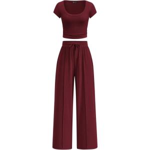 imagePRETTYGARDEN Womens 2 Piece Matching Lounge Sets Ribbed Short Sleeve Crop Tops Wide Leg Pants 2026 Summer Airport OutfitsBurgundy